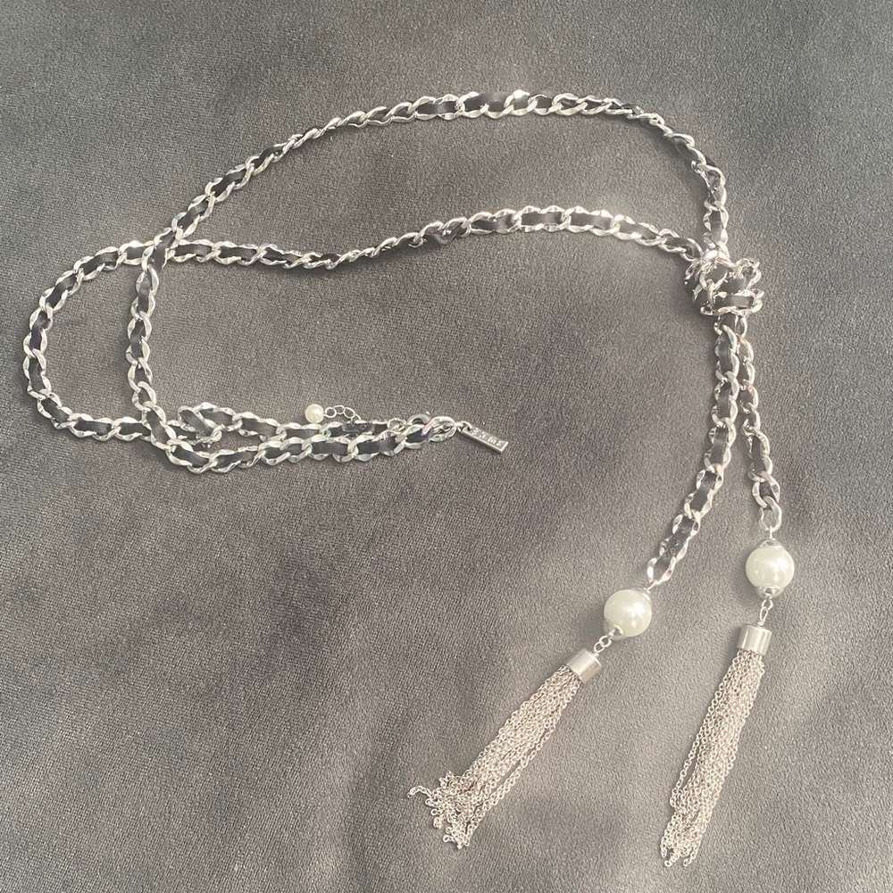 ⭐️4/$20⭐️Long Silver Chain Necklace with black ribbon and Pearl Accents